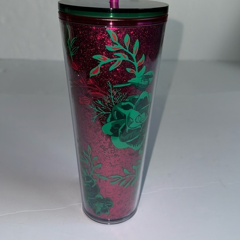 Starbucks Christmas Holiday 2022 Flowers Glitter 24 oz Cold Cup Tumbler *new